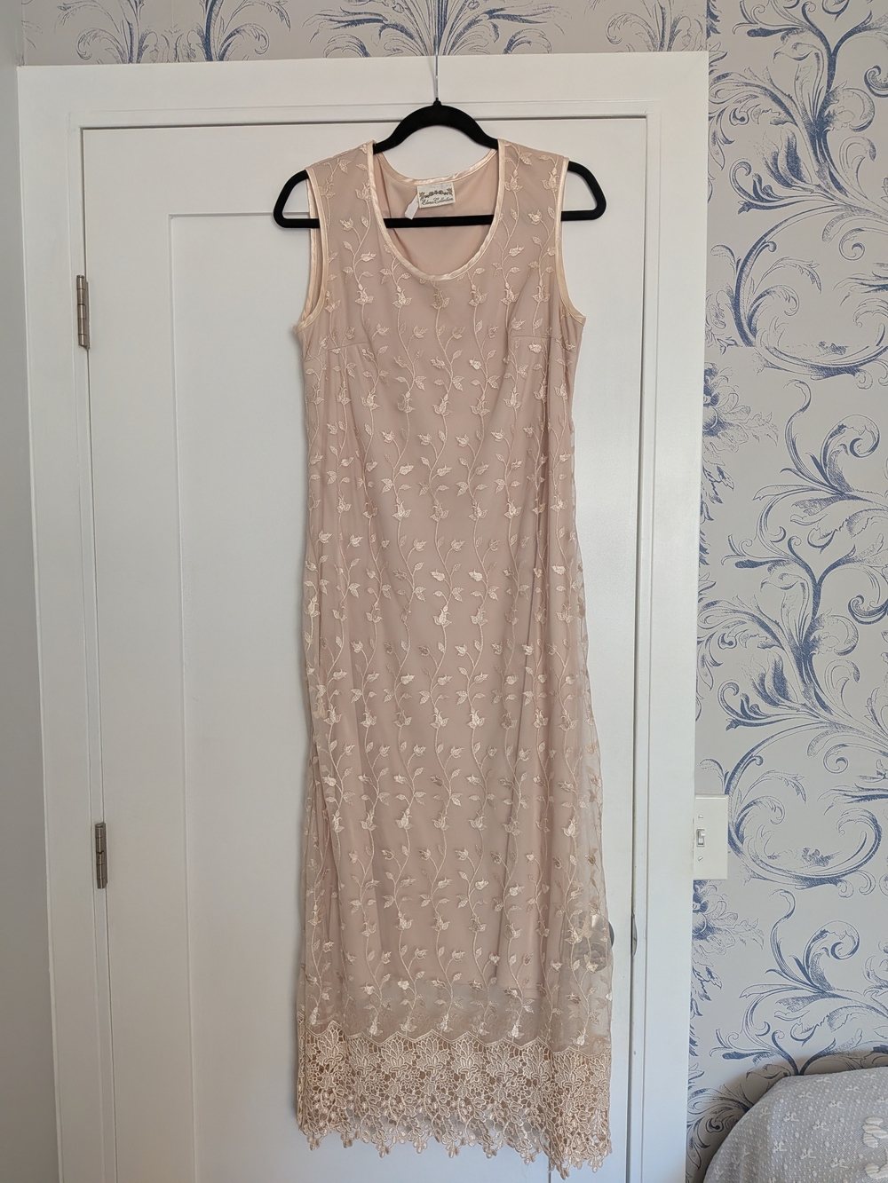 Vintage Elena Collection Sleeveless Beige Embroidered Lace Hem Dress